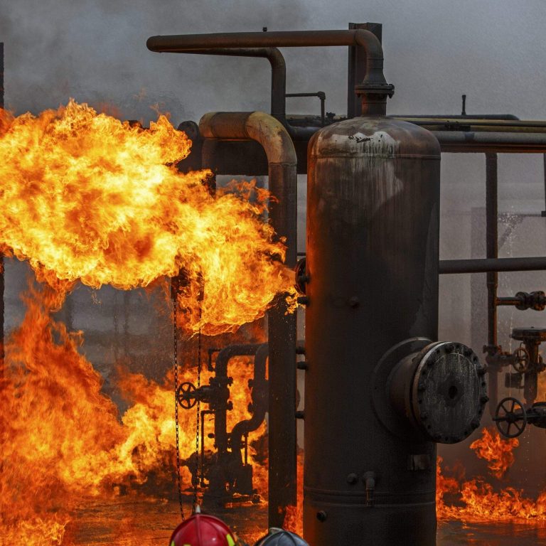 Industrial fire training for refinery or chemical plant fire brigade